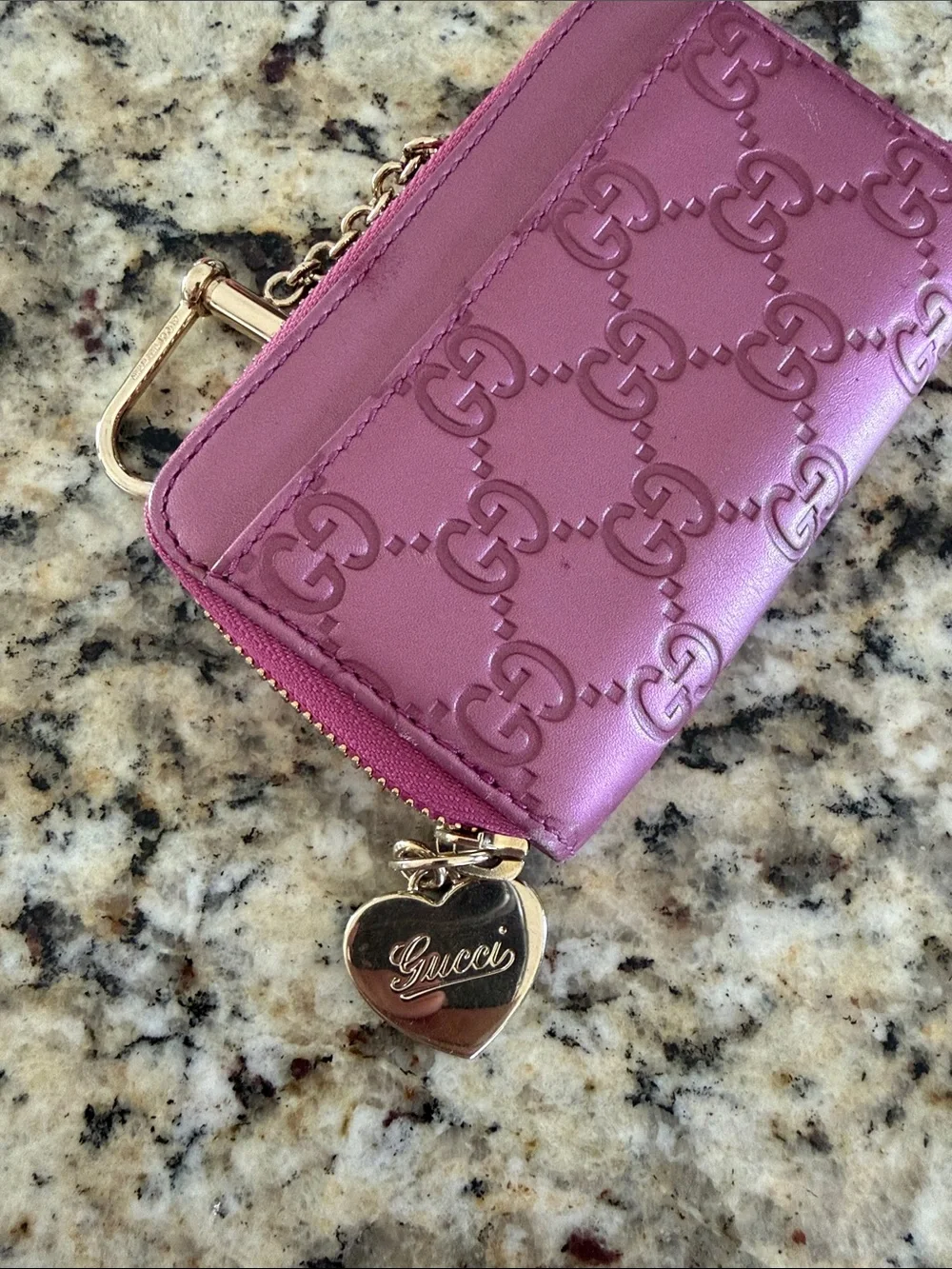 Gucci Pink Embossed GG Card Pouch with Heart Charm Guccissima